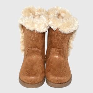 Shearling Winter Boots w/ Faux-Fur and Side Zipper in Tan Brown & Cream